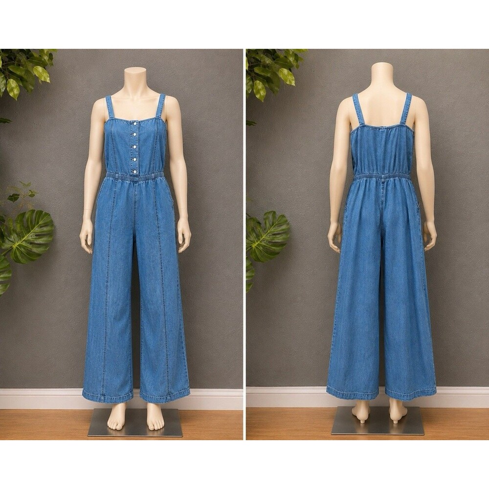 Gap Kids Denim Jumpsuit Girls XXL 14-16 Wide Leg Chambray Snap Front Blue Boho